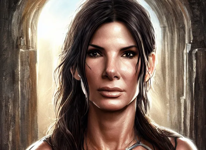 Image similar to face portrait of concentrated young Sandra Bullock as Lara Croft entering the large Minas Tirith gate, sun beams, intricate, elegant, highly detailed, centered, digital painting, artstation, concept art, smooth, sharp focus, illustration, Allan Lee, John Howe