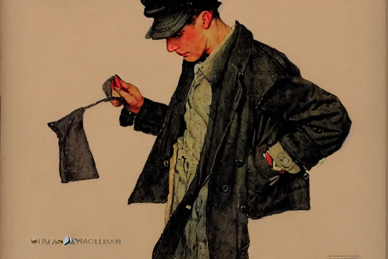 Prompt: a young man wearing a newsboy cap putting on his coat, magazine design, white background, by norman rockwell