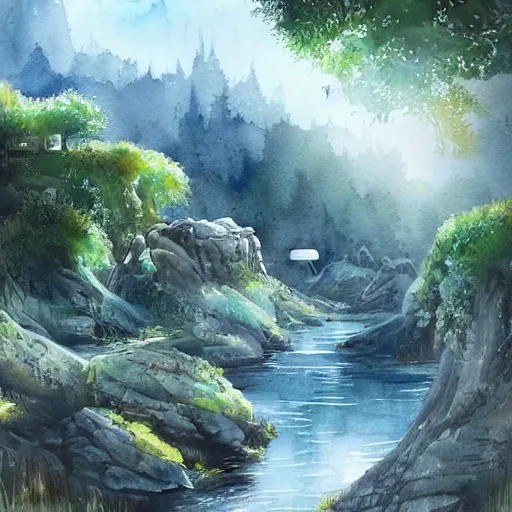 Image similar to beautiful happy picturesque charming sci - fi organic pod - like homes of the future in a beautiful natural scene. water, trees and rocks. beautiful light. soft colour scheme. beautiful artistic detailed watercolor by lurid. ( 2 0 2 2 )