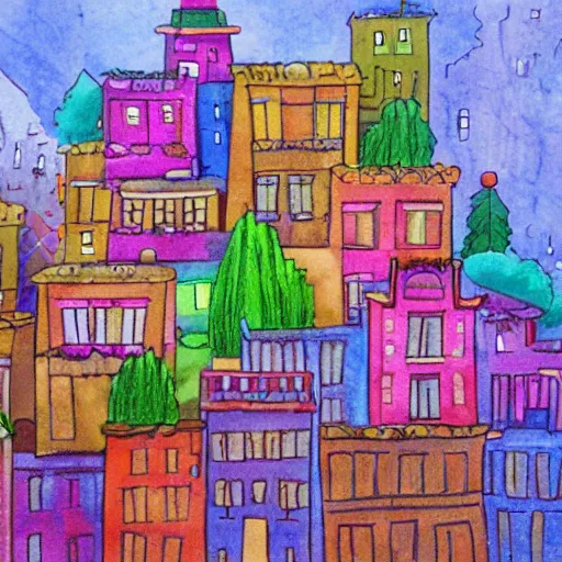 Prompt: A little city located entirely on a sheet of paper. Trending on art station, colorful, magical.