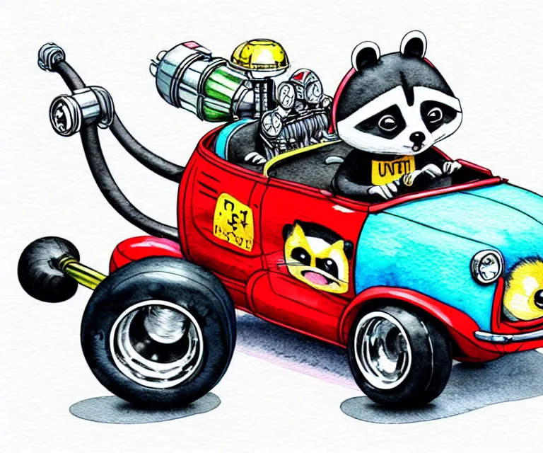 Image similar to cute and funny, racoon wearing a helmet riding in a tiny hot rod with oversized engine, ratfink style by ed roth, centered award winning watercolor pen illustration, isometric illustration by chihiro iwasaki, edited by watercolor girl, tiny details by artgerm, symmetrically isometrically centered