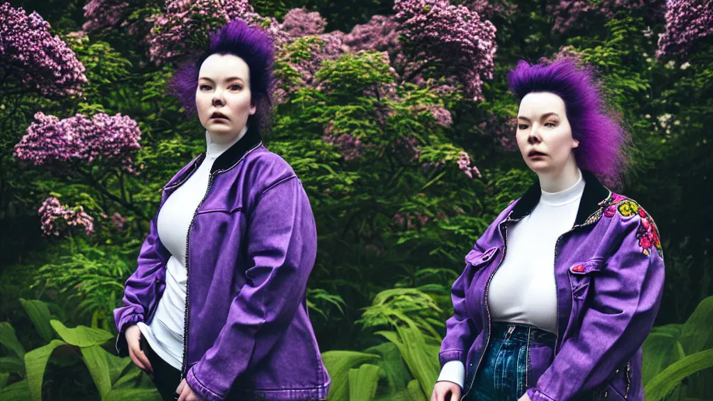 Prompt: portrait of a curvy woman with lilac frizzy hair, wearing an embroidered jeans jackets, a high collar t - shirt and baggy jeans by balenciaga, standing in a botanical garden, bjork aesthetic, masterpiece, cyberpunk, in the style of rogier van der weyden, asian art