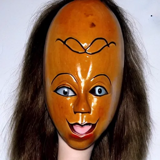 Image similar to a [ gourd ] carved shaped to look like ( amber heard face ) hybrid intercross