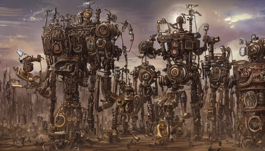 Prompt: steampunk robots civilization