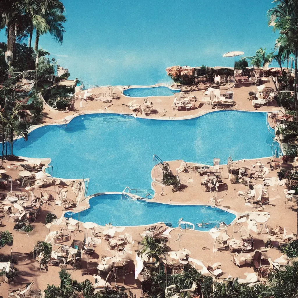 Image similar to nostalgia by the poolside, album cover, no text, no watermarks, graphics