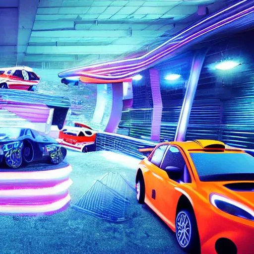 Image similar to rally cars racing at futuristic city with neon lights and dust