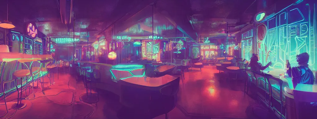 Image similar to concept art, crowded retro - futurist speakeasy, reflections, eerie neon lighting, beautiful plants, colourful flowers, style of bladerunner, octane render, artstation, james jean, syd mead, akihiko yoshida, cinematic