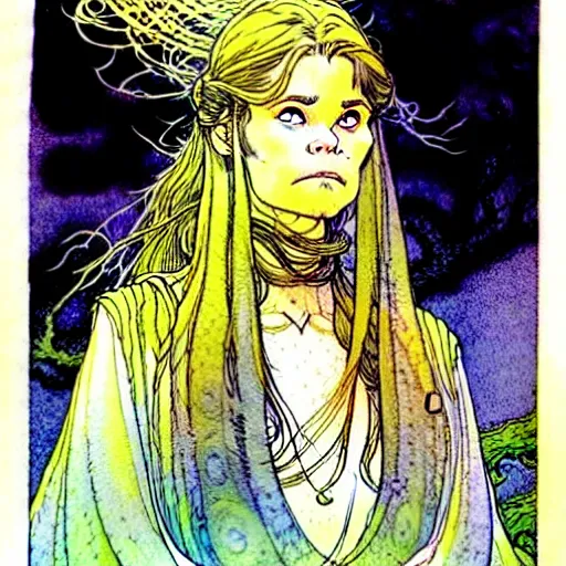 Image similar to a beautiful portrait of sanna!!!!! marin!!!!!, the young female prime minister of finland as a druidic wizard by alan lee, rebecca guay, michael kaluta, charles vess and jean moebius giraud