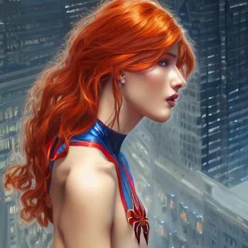 Image similar to ultra realistic illustration, bella thorne as spiderman, intricate, elegant, highly detailed, digital painting, artstation, concept art, smooth, sharp focus, illustration, art by artgerm and greg rutkowski and alphonse mucha and wlop