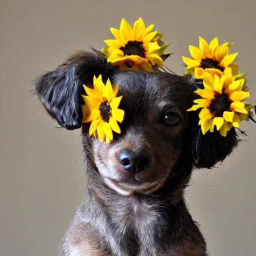 Image similar to little dog made out of sunflowers