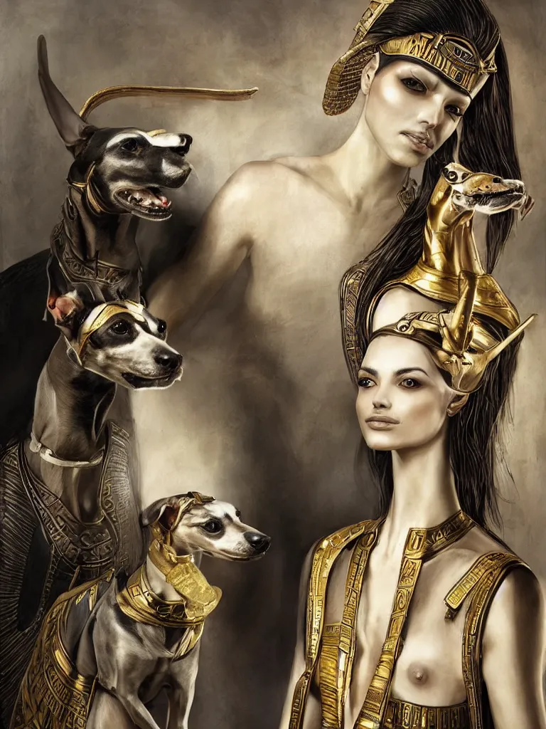 Prompt: portrait of a beautiful female ancient Egyptian goddess next to Anubis as a whippet, by Alessio Albi, painted by Artgerm