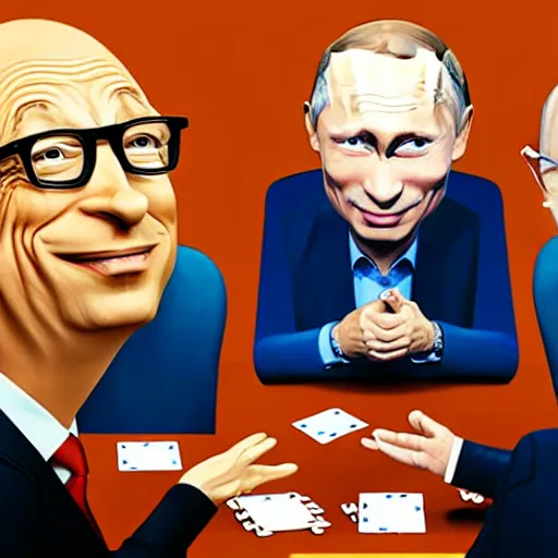 Prompt: UHD photorealistic Bill Gates playing poker with Klaus Schwab and Vladimir Putin, hyperrealistic, correct details, cosmic dynamic lighting, symmetrical faces, accurate faces, in the style of Mike Judge and Todd McFarlane