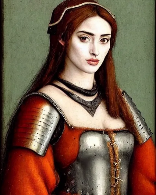 Image similar to medieval portrait of stunning ana de armas, dressed as an armored knight, perfect face, in the style of eugene de blaas