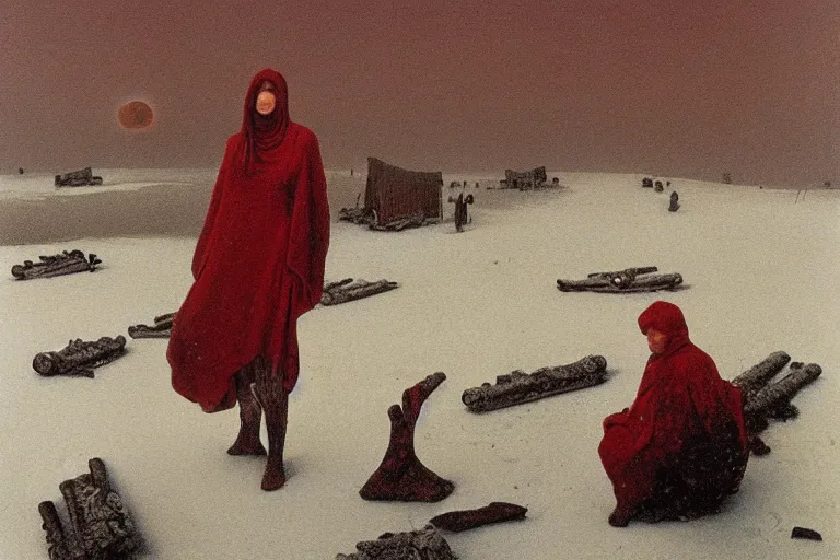 Image similar to a surrealist painting of a lonely woman with pale skin and red hair, standing over pile of bodies in post apocalyptic snowy landscape, painted by zdzisław beksinski