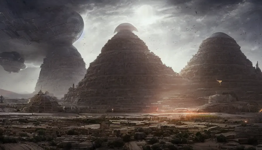 Image similar to a giant alien ufo high tech spaceship eerily hovering on nineveh on mesopotamia city landscape with beautiful shrines by greg rutkowski, artgerm, ross tran, magali villeneuve, intricate, time travel theme, audince in awe, spectacle, audience sorrounding, award winning, octane render, masterpiece, 8 k, beautiful