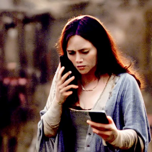 Image similar to scene from a 2 0 1 0 film set in 1 3 0 0 showing a woman checking her mobile phone