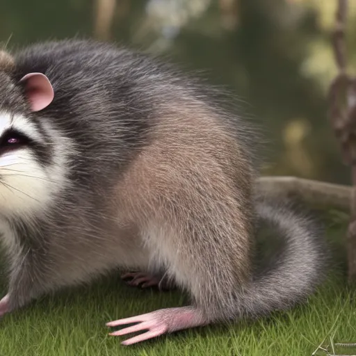 Image similar to a cute photograph of an opossum and american raccoon hugging, realistic 4k, unreal engine 5, award winning, HD UHD FHD