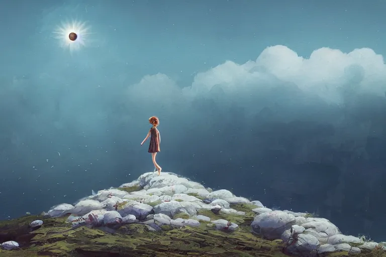 Image similar to giant white daisy flower head, girl walking on cliff, surreal photography, solar eclipse, milky way, dramatic light, impressionist painting, clouds, digital painting, artstation, simon stalenhag