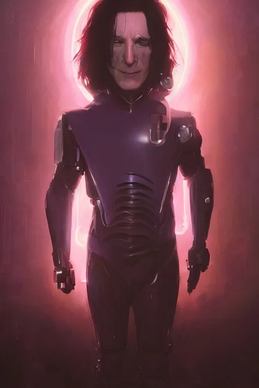 Image similar to portrait of cyborg severus snape in cyberpunk, neon lighting, night city, digital art from artstation by Ruan Jia and Mandy Jurgens and Artgerm and william-adolphe bouguereau and Greg Rutkowski