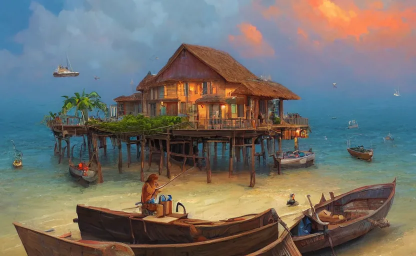 Image similar to a little fisher village on a tropical island, wood pier and houses, nets and boats, scenic view, sunset, matte painting by marc simonetti and rhads and donato giancola, trending on artstation