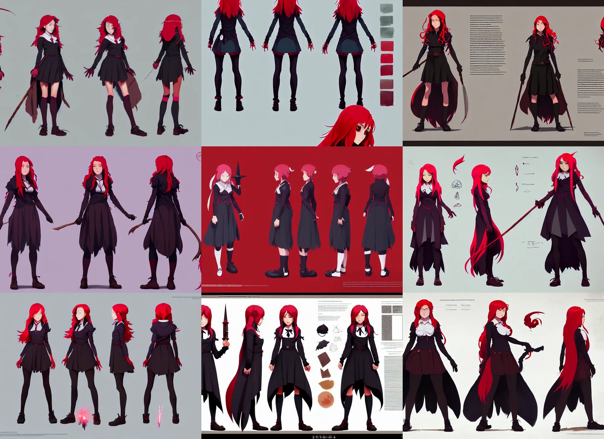 Image similar to character sheet of attractive female student witch by greg rutkowski, magic school uniform, glowing red hair color, by studio ghibli and ross tran, digital art, trending on artstation, highly detailed, concept art, beautiful, masterpiece