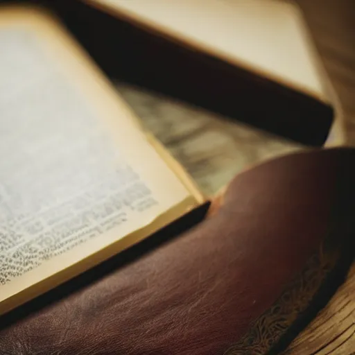 Image similar to a closeup of a closed book sitting on a desk, the cover is ornately carved leather, beside the book is an ancient scroll, dark, single light, vignette, magic, fantasy