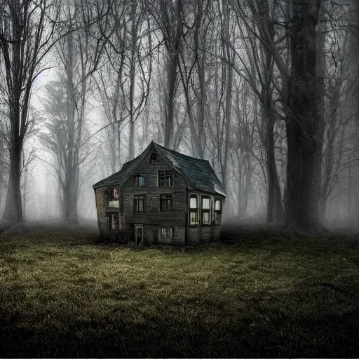 Prompt: [ dismal house ]! standing in [ the bleak dark depressing forest [ of pessimism ]! ]! trending on cgsociety 4 k quality 8 k resolution cgsociety contest winner award winning euphoric dreary atmosphere foreboding doldrums murky central focus! golden ratio! centered central position exemplified by rutkowski