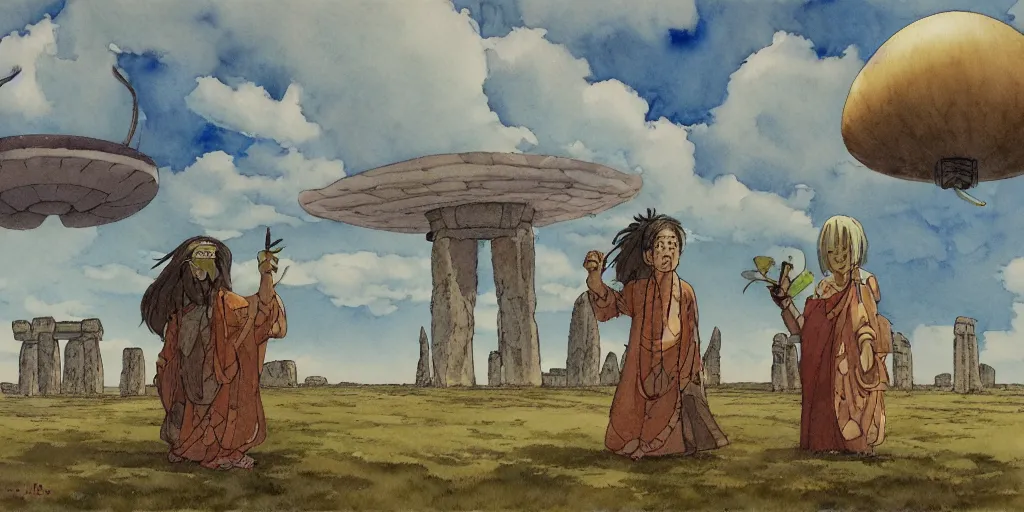 Image similar to a hyperrealist studio ghibli watercolor fantasy concept art of a giant chinese god and a small grey alien in stonehenge in the early morning. a giant gold ufo is floating in the air. by rebecca guay, michael kaluta, charles vess