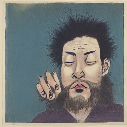 Image similar to A beautiful painting of a self-portrait of the artist. He is shown with his head turned to the left, looking at the viewer. His hair is wild and his eyes are wide open. His right hand is raised, as if he is pointing at something. caput mortuum, cyanotype, avant-garde by Fenghua Zhong, by Hajime Sorayama