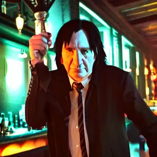 Image similar to Severus Snape dances in a bar, neon, realistic, full body, very detailed, super realistic