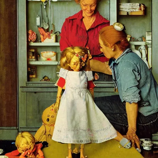 Prompt: woman with the magical ability to give life to the dolls she makes, by norman rockwell