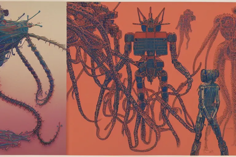 Image similar to risograph grainy drawing vintage sci - fi, satoshi kon color palette, gigantic gundam full - body covered with human bodies and wires, with lot tentacles, vermilion color, codex seraphinianus painting by moebius and satoshi kon and dirk dzimirsky close - up portrait