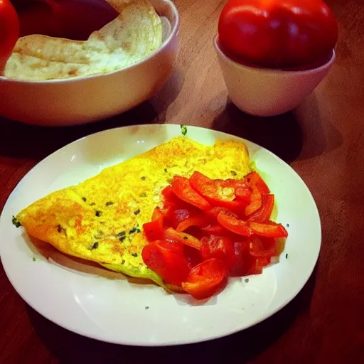 Image similar to omelette with sweet onion, red bell pepper and tomatoes, phone picture, instagram post,