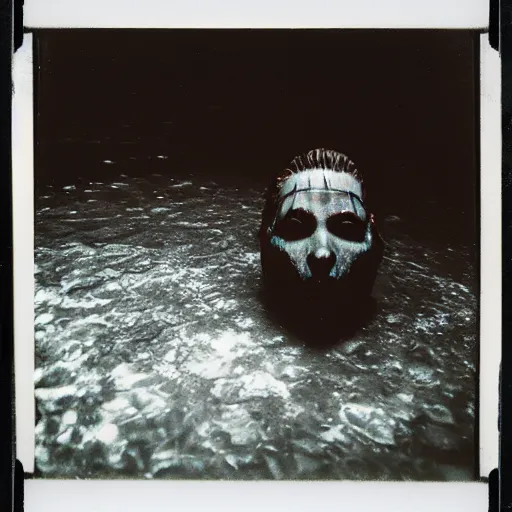 Prompt: slipknot, dark, murky water, underwater, old polaroid, expired film,