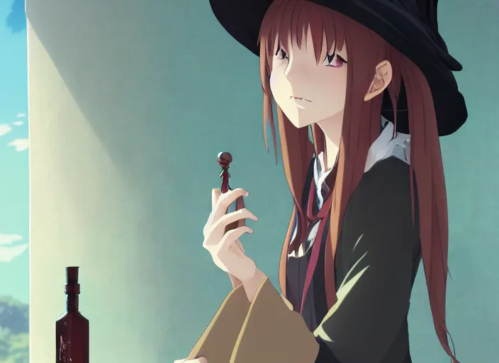 Prompt: anime visual, portrait of a young female traveler wearing a witch hat in a alchemist's potion shop interior, cute face from katsura masakazu and yoh yoshinari,, cinematic luts, dynamic pose, dynamic perspective, strong silhouette, anime cels, ilya kuvshinov, crisp and sharp, rounded eyes, moody, cool colors