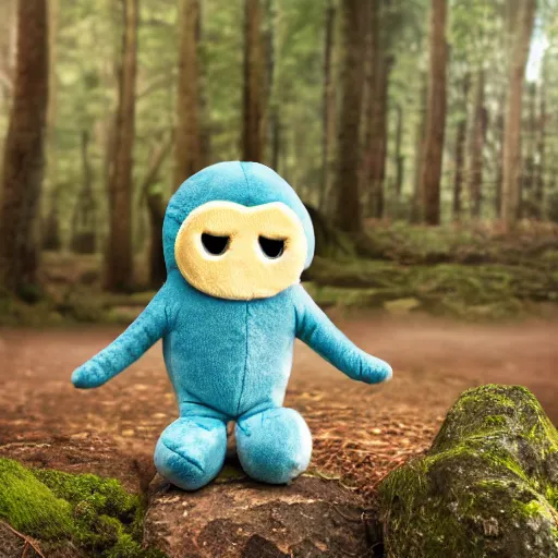 Image similar to blue'snappy gifts'logo plush doll with smiley face in magical forest, gifts, dark atmosphere, high detail, soft lighting, 8 k