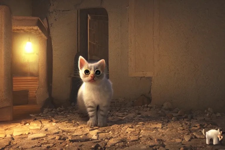 Image similar to a cute kitten on an adventure through an abandoned town in the night, 3d scene, render, ultra realistic