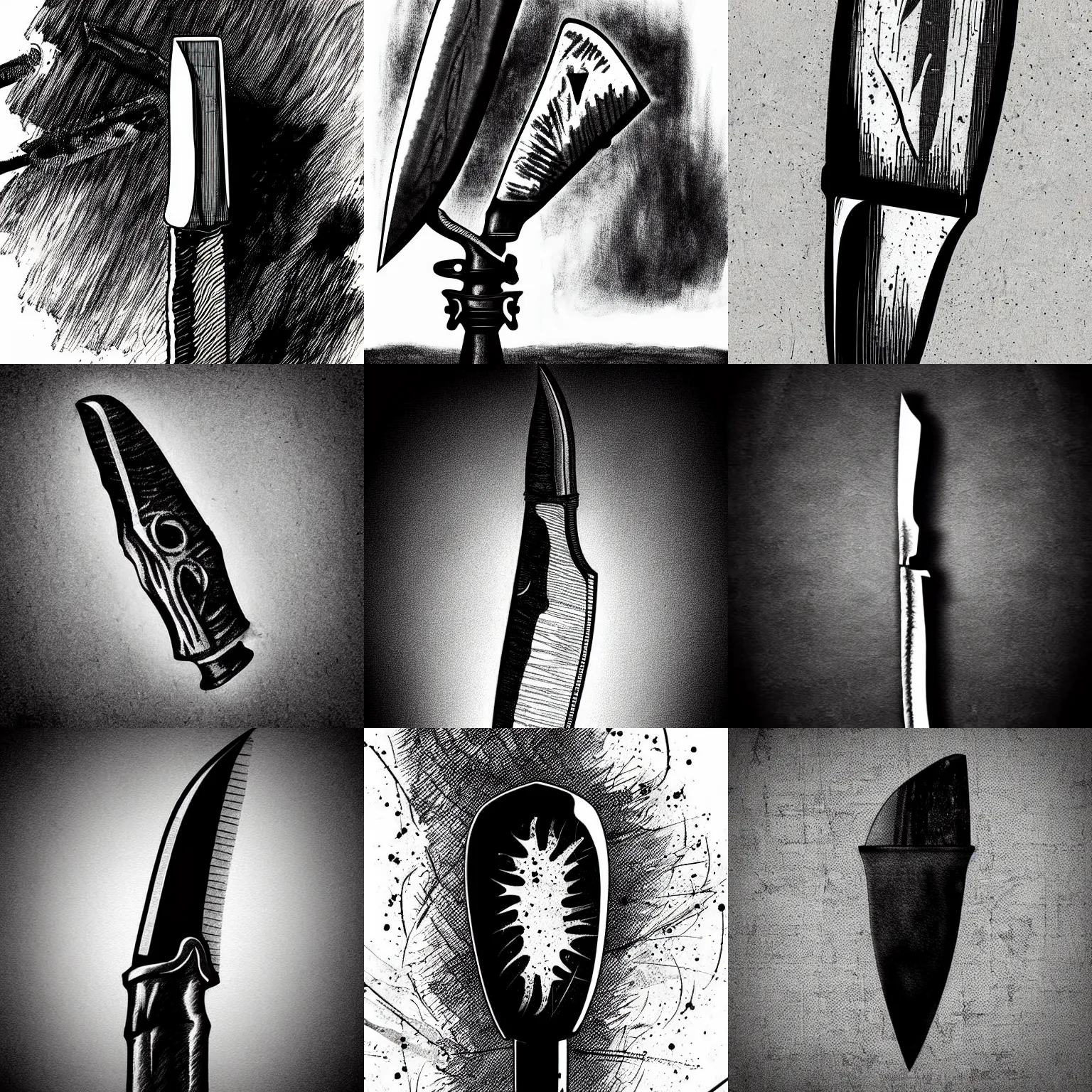 Prompt: pen and ink portrait of a bloody knife on a spotlight background, impressive scene. grainy and rough. black and white colour scheme. beautiful artistic detailed digital art