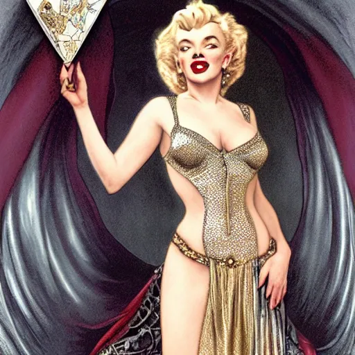 Prompt: an extremely detailed matte painting marilyn monroe as a powerful sorceress in a resplendent silver and gold dress with crimson trim and a long leg slit, in the style of magic the gathering, 8 k, sharp focus, detailed face, art by john collier and albert aublet and krenz cushart and artem demura and alphonse mucha