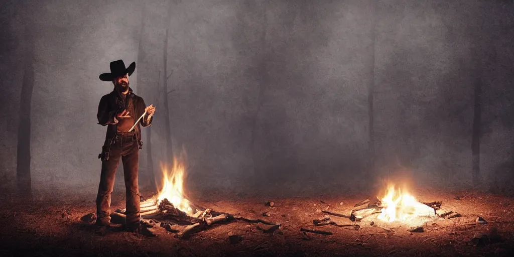 Prompt: portrait of rugged bandit cialien murphy ( ( alone ) ) in the old west, handcuffed by shackles at a campfire, ( ( dead body ( alone ) ) on the ground, volumetric lighting, cinematic, dark, grim