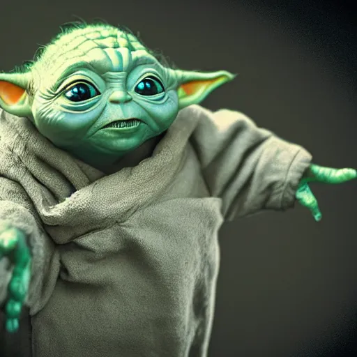 Prompt: full body pose, hyperrealistic photograph of a unique baby yoda, dim volumetric lighting, 8 k, octane beautifully detailed render, extremely hyper detailed, intricate, epic composition, cinematic lighting, masterpiece, trending on artstation, very very detailed, stunning, hdr, smooth, sharp focus, high resolution, award, winning photo, dslr, 5 0 mm