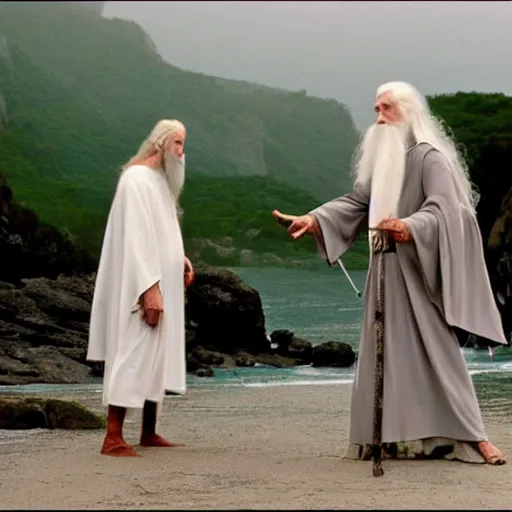 Prompt: Gandalf and Saruman frolicking on a beach, cinematic color