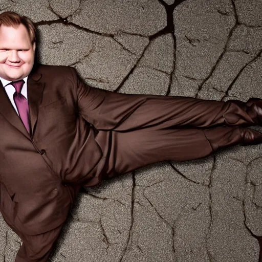 Prompt: Andy Richter is wearing a chocolate brown suit and necktie. Andy is lying flat on a concrete ground looking at camera. Ariel view.