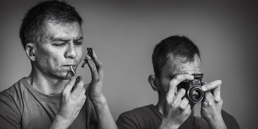 Image similar to dslr a man removing a nail from his third eye, 5 0 mm f 1. 8