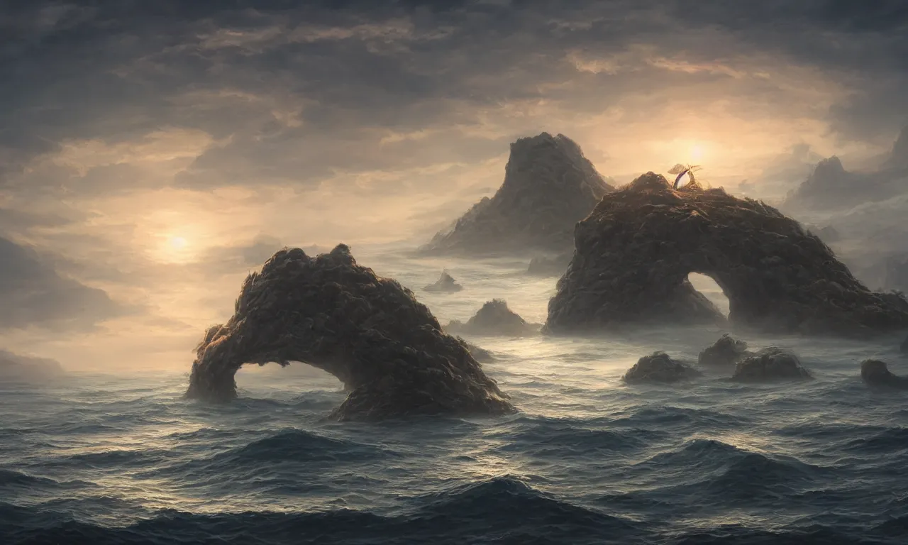 Prompt: Mysterious skull-shaped island on the horizon, a magical summer, trending on artstation, 50mm, by Noah Bradley