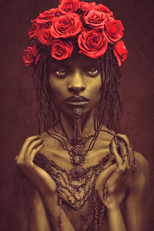 Prompt: Rose witch portrait, black woman, very dark brown skin, southern gothic style, ornate baroque details, tarot, occult, roses, inspired by zdzislaw beksinski :: 4k photograph, photographed by Jovana Rikalo, Trending on artstation, artstationHD, artstationHQ, 4k, 8k