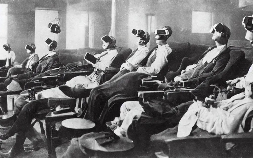 Prompt: 1 9 0 0 s photo of people using iphones ipods virtual reality headsets vr watching hd tv in a movie theater intravenous tube in their arms