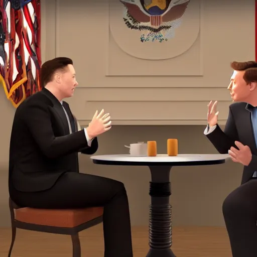 Prompt: ! dream elon musk chatting with donald trump in a cafe shop photo - realistic unreal engine 5 style - n 9