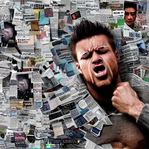 Image similar to a professional collage made of ripped magazines of a young angry man furious crying, high definition, highly detailed, photo-realistic, unreal engine render, 16k