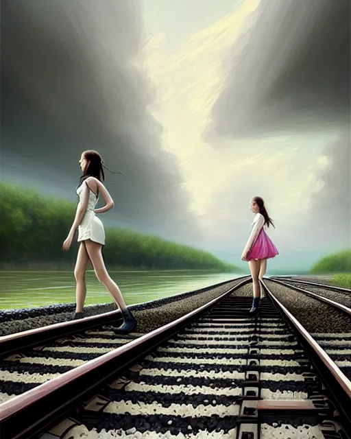 Image similar to shallow reflective water completely covers submerged train tracks that are barely visible as a girl carries her shoes, there is a train station in the distance and large white clouds on a wide horizon, intricate, elegant, highly detailed, digital photo, artstation, concept art, smooth, sharp focus, art by artgerm and greg rutkowski and fra angelico